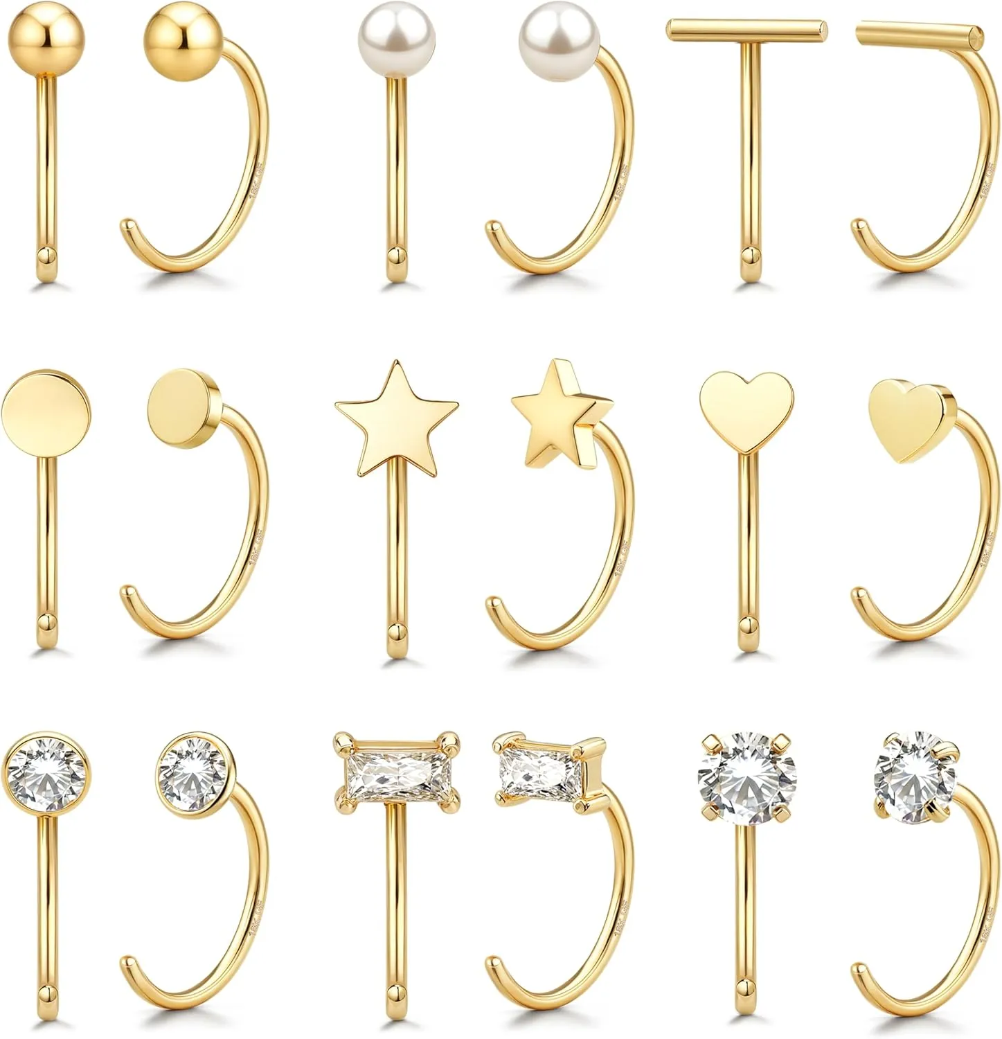 14K Gold Huggie Half Hoop Earrings Cartilage Helix Open Hugging Earrings for Women | 9 Pairs Hypoallergenic 316L Stainless Steel Jewelry Set with 5A CZ Pearl Heart Star Bar Dot Ball