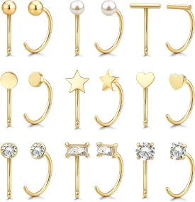 14K Gold Huggie Half Hoop Earrings Cartilage Helix Open Hugging Earrings for Women | 9 Pairs Hypoallergenic 316L Stainless Steel Jewelry Set with 5A CZ Pearl Heart Star Bar Dot Ball