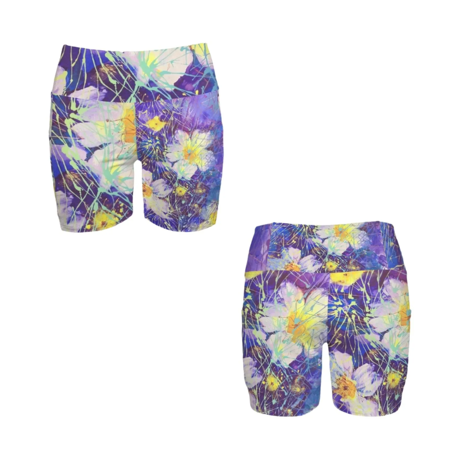 Art Flowers Yoga Shorts with Pockets up to 5 XL (FWS)