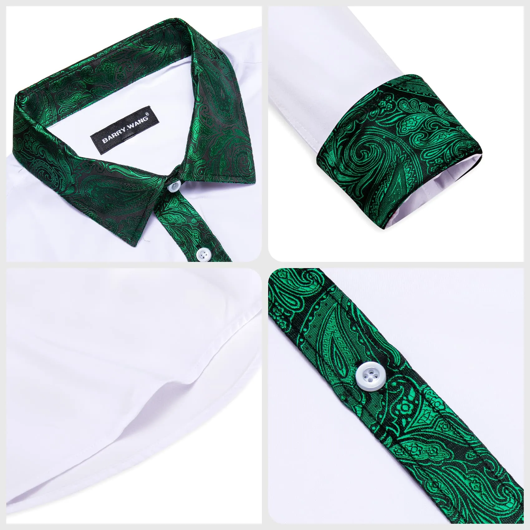 Barry Wang White Shirt Green Paisley Cuffs Mens Silk Long Sleeve Shirt