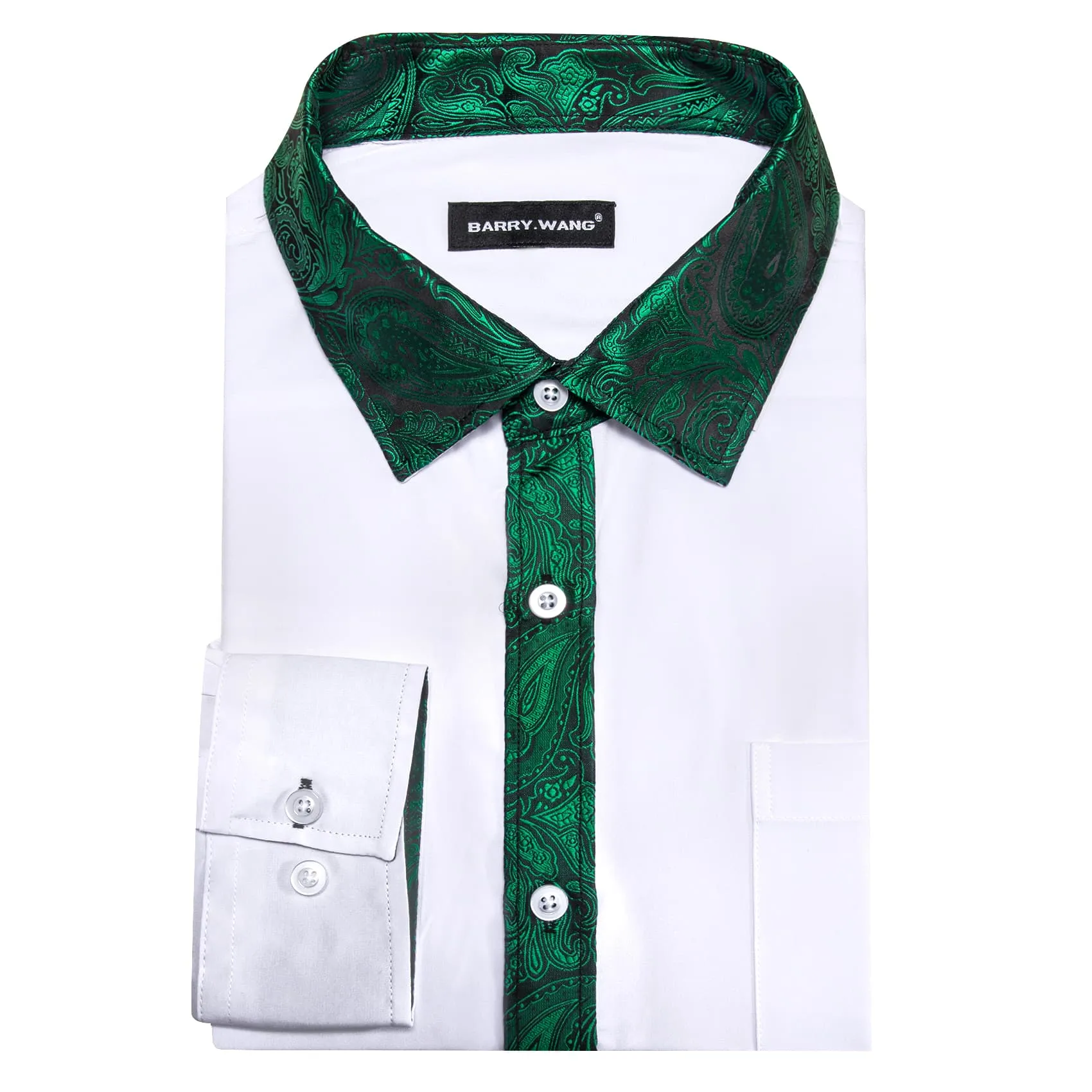 Barry Wang White Shirt Green Paisley Cuffs Mens Silk Long Sleeve Shirt