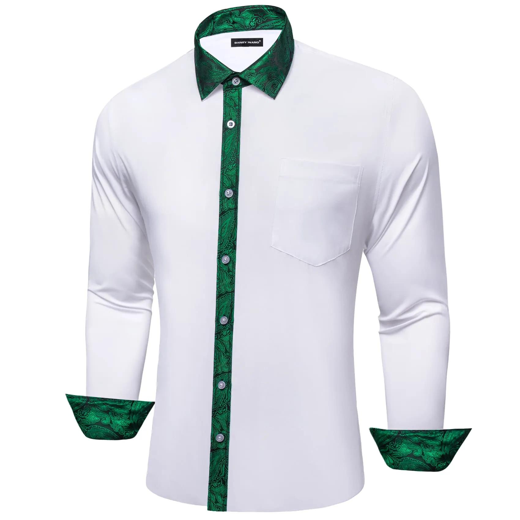 Barry Wang White Shirt Green Paisley Cuffs Mens Silk Long Sleeve Shirt