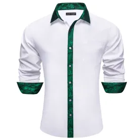 Barry Wang White Shirt Green Paisley Cuffs Mens Silk Long Sleeve Shirt