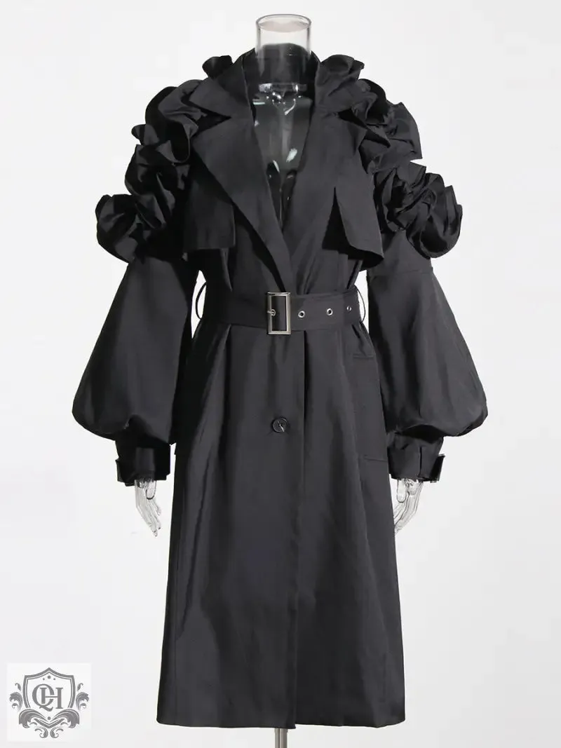 Collared Ruffled Sleeve Trench Coat