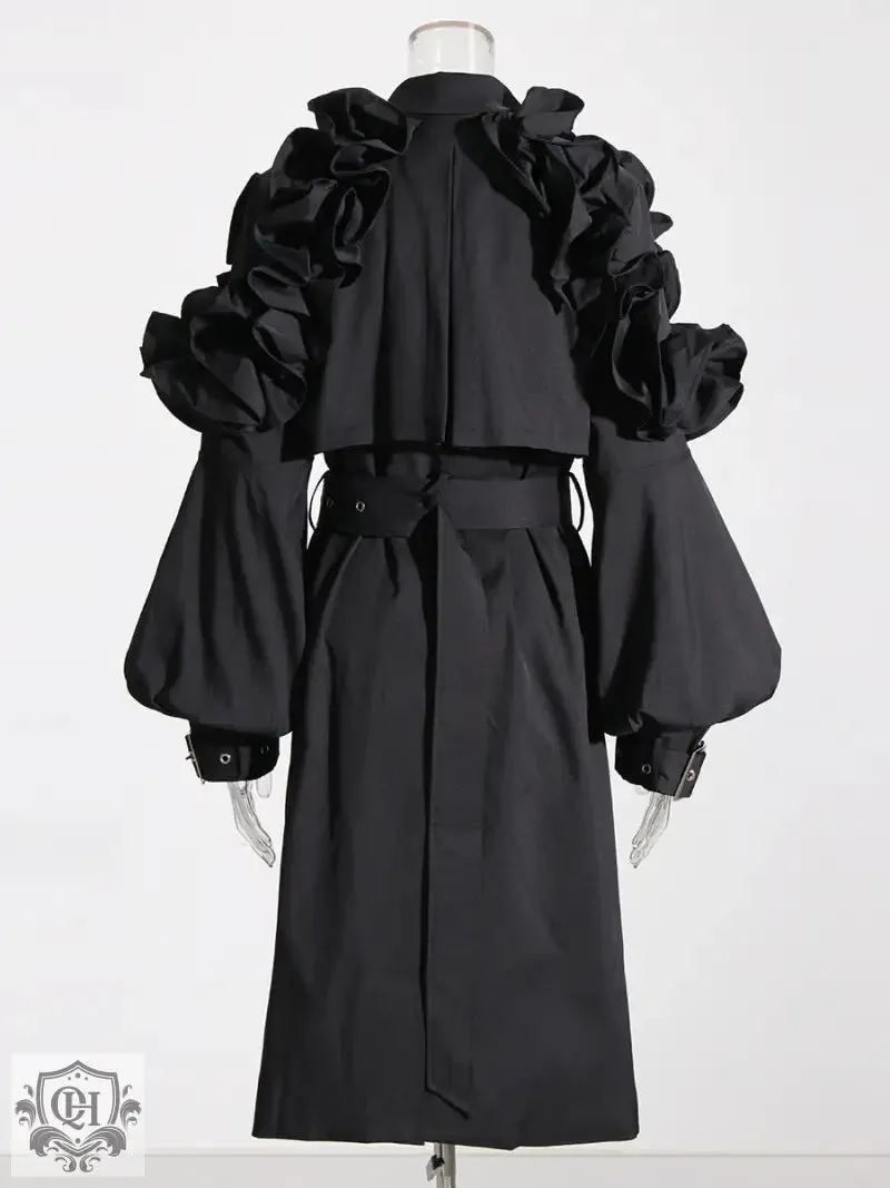 Collared Ruffled Sleeve Trench Coat