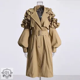 Collared Ruffled Sleeve Trench Coat