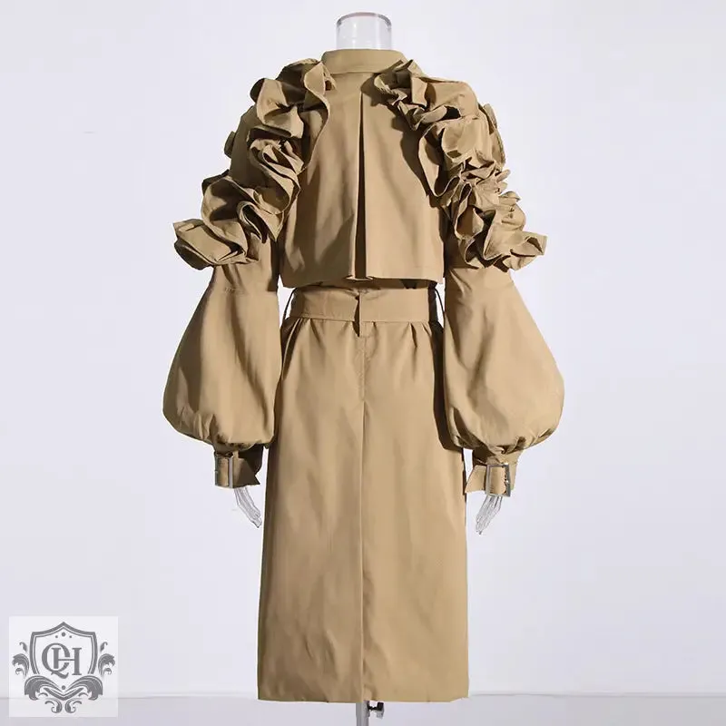 Collared Ruffled Sleeve Trench Coat