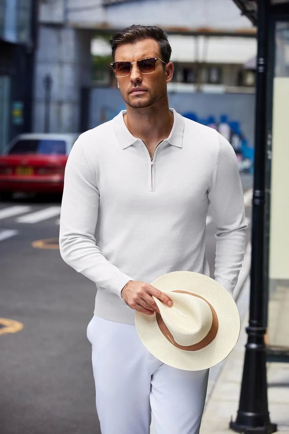 COOFANDY Mens Knit Polo Shirt Quarter Zip Slim Fit Pullover Long Sleeve Sweater Polo
