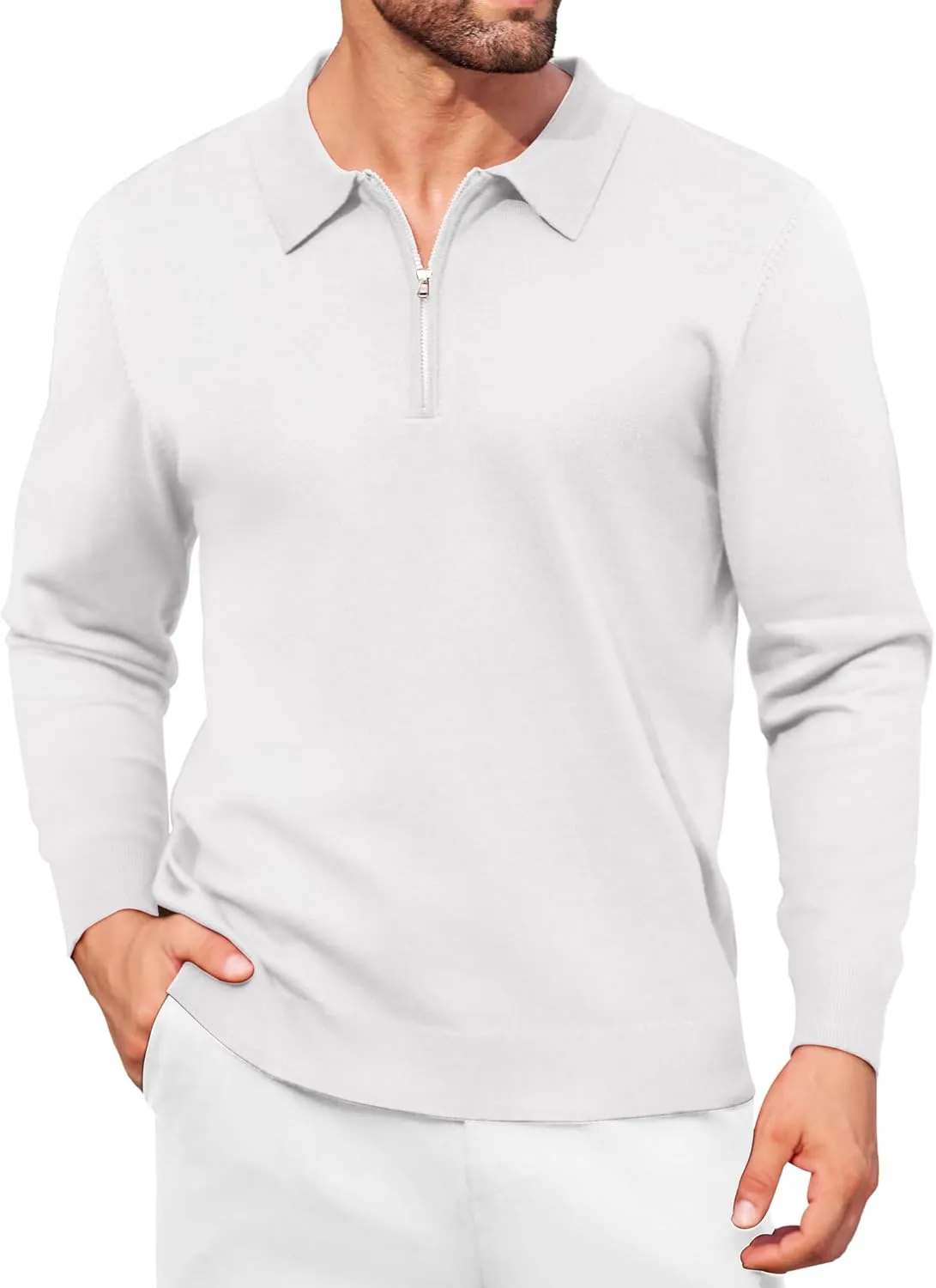 COOFANDY Mens Knit Polo Shirt Quarter Zip Slim Fit Pullover Long Sleeve Sweater Polo