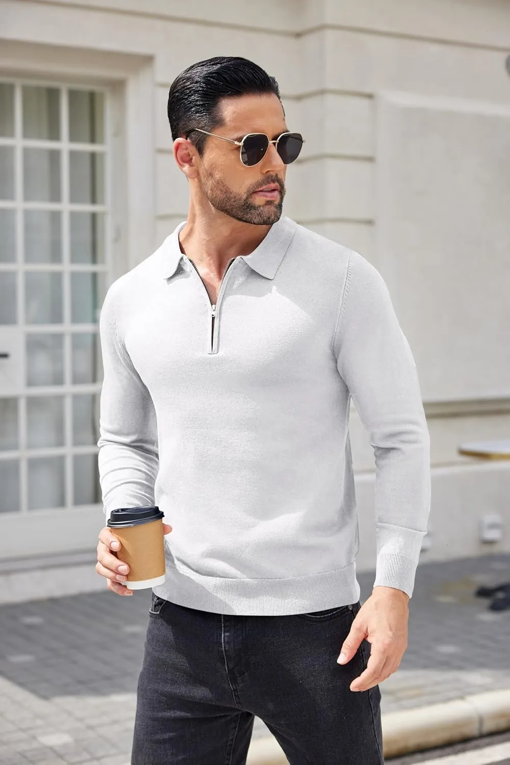 COOFANDY Mens Knit Polo Shirt Quarter Zip Slim Fit Pullover Long Sleeve Sweater Polo