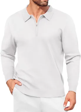 COOFANDY Mens Knit Polo Shirt Quarter Zip Slim Fit Pullover Long Sleeve Sweater Polo
