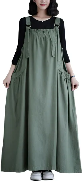 Denim Jumper Dress for Women Loose Version Baggy Style Maxi Length Adjustable Straps Wide Hemline