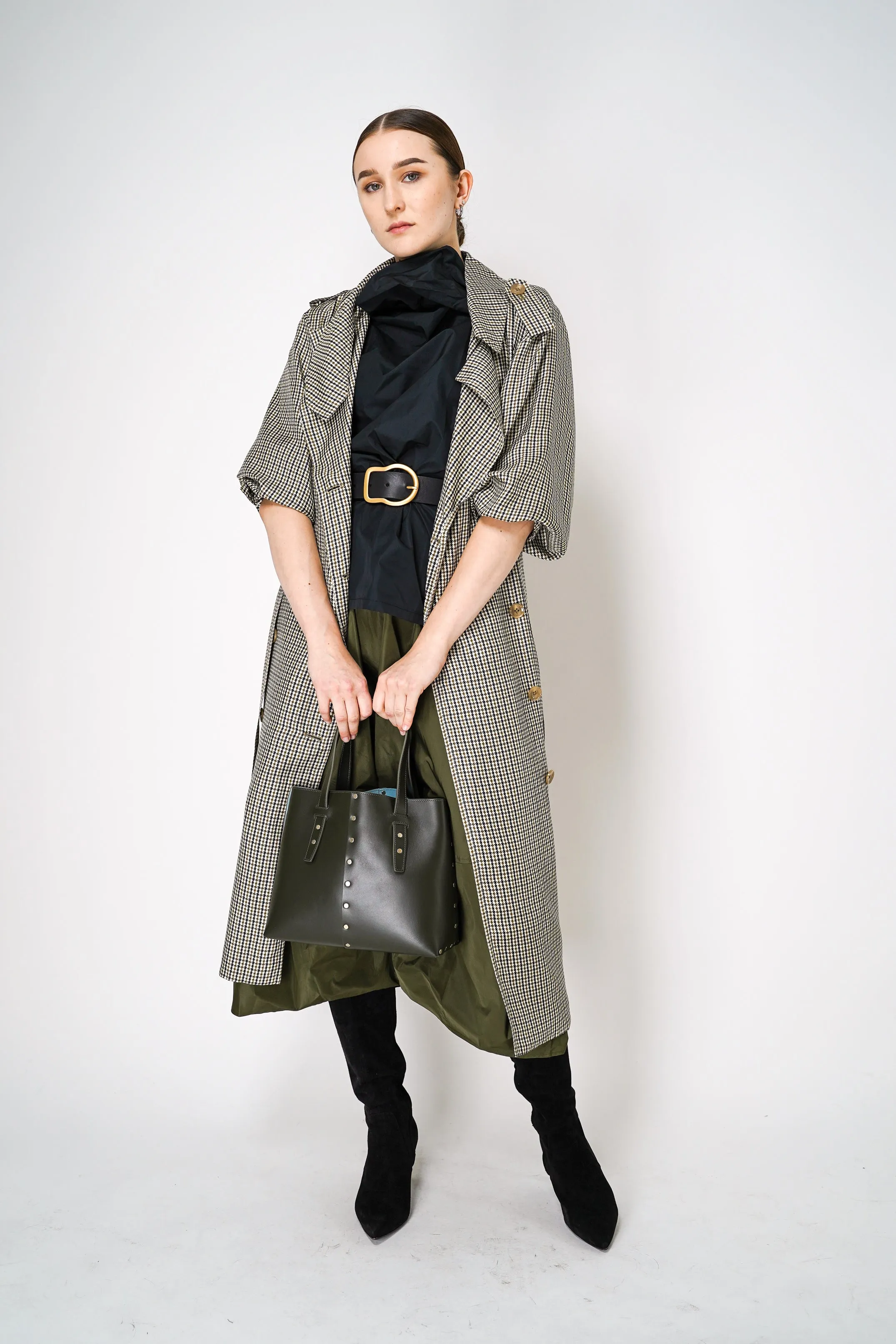 Dorothee Schumacher Double-Breasted Houndstooth Check Trench Coat Dress in Leguan Green