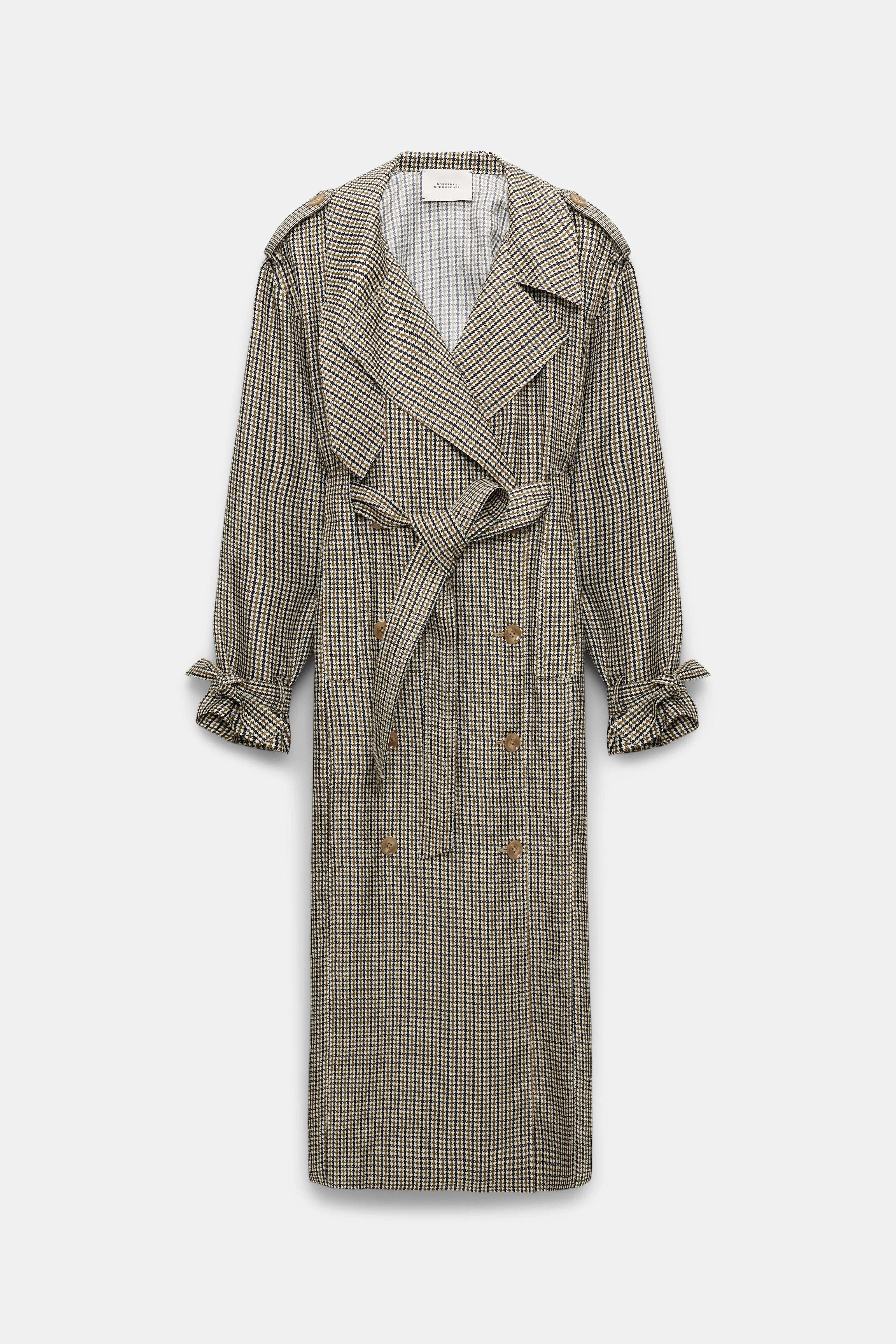 Dorothee Schumacher Double-Breasted Houndstooth Check Trench Coat Dress in Leguan Green