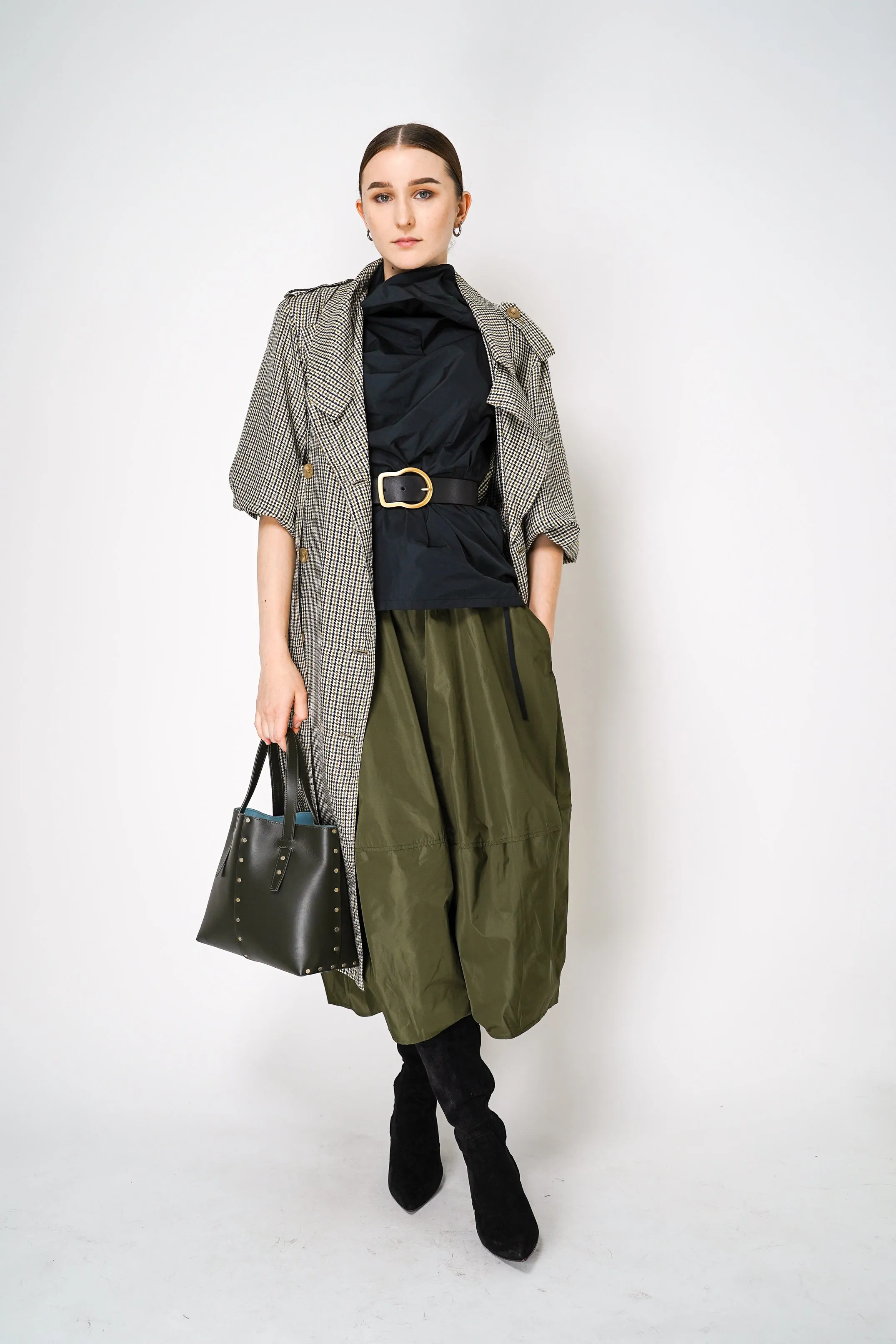 Dorothee Schumacher Double-Breasted Houndstooth Check Trench Coat Dress in Leguan Green