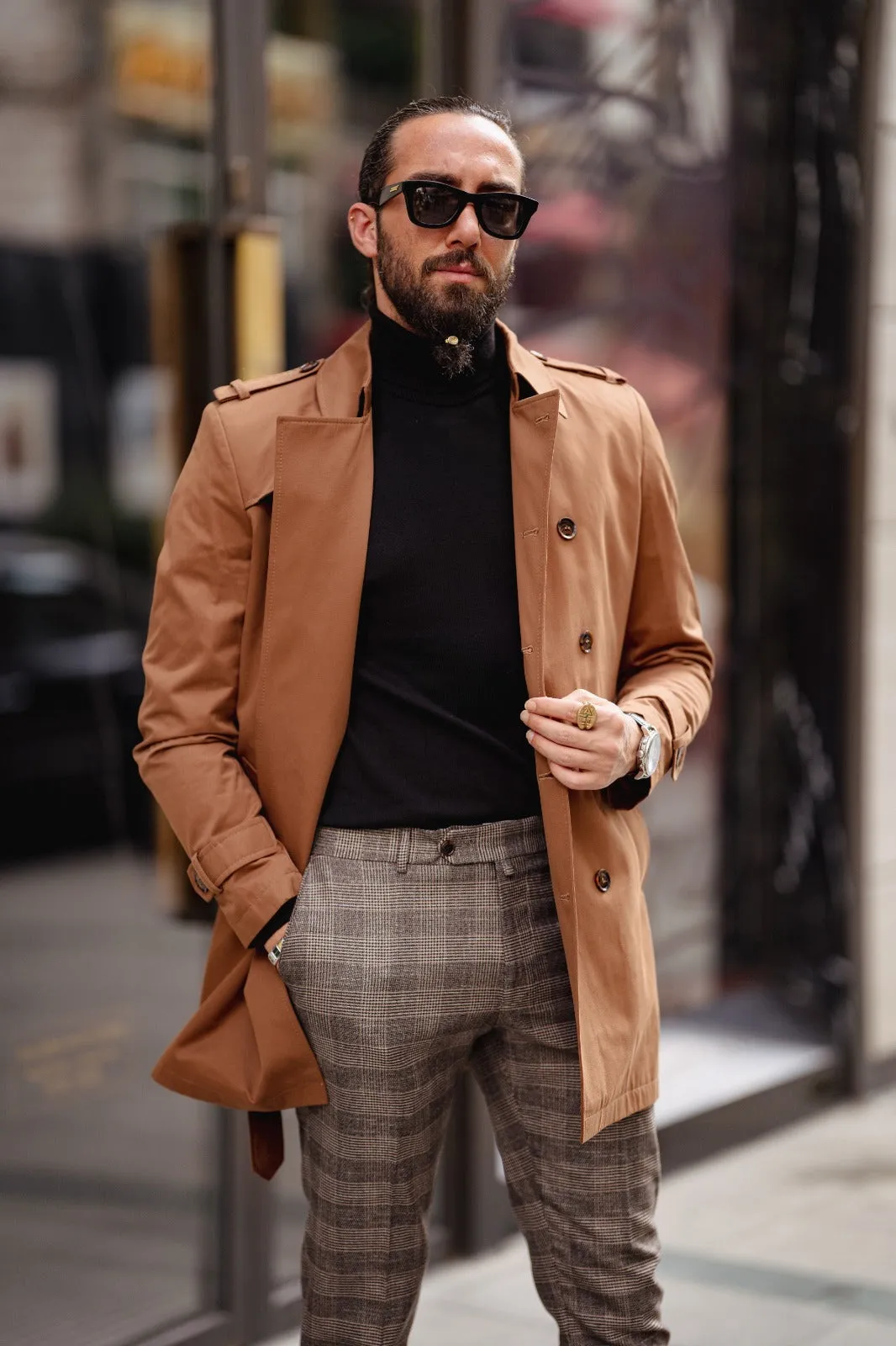 Eden Slim Fit Wide Collared Camel Trench Coat