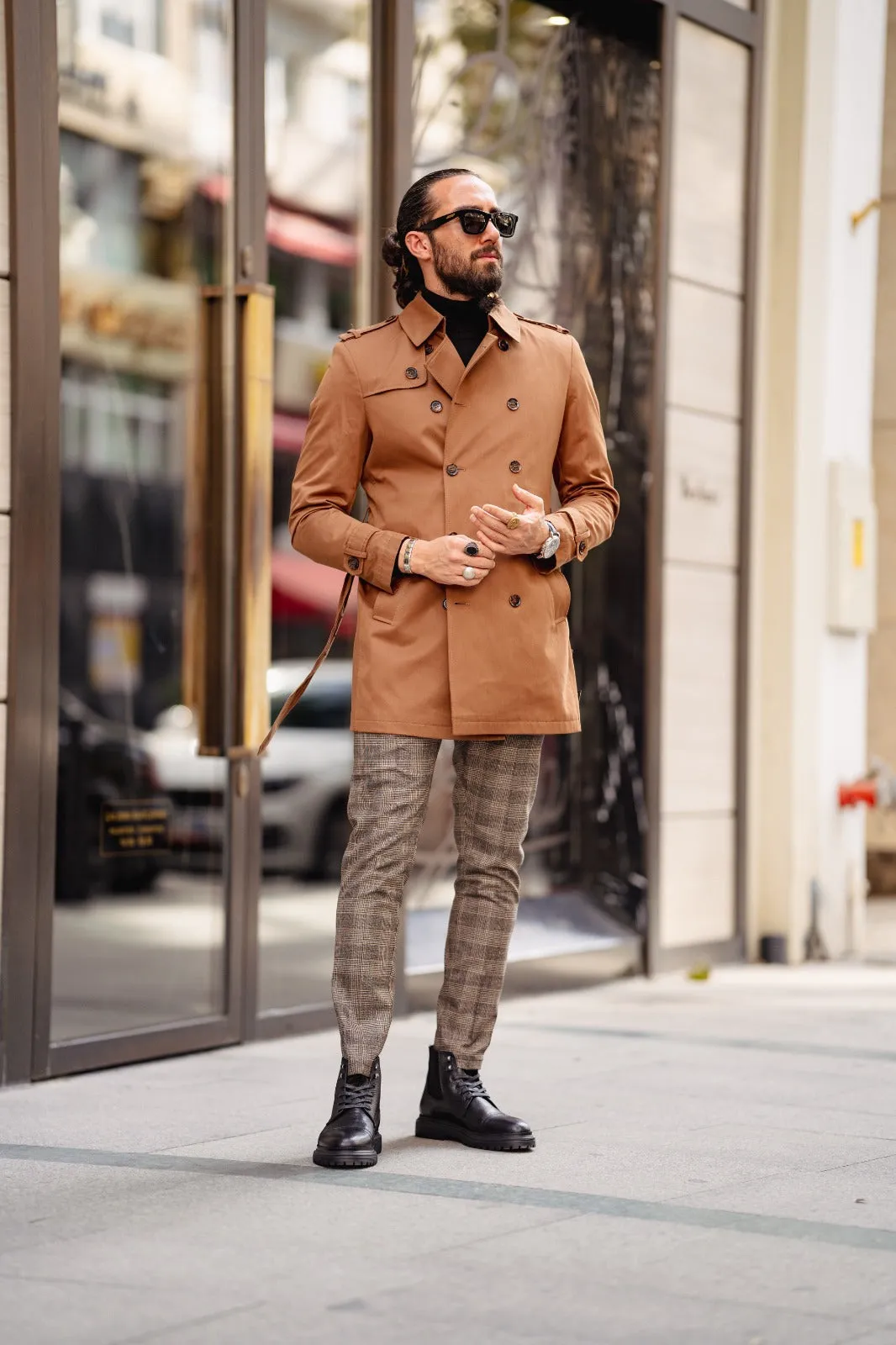Eden Slim Fit Wide Collared Camel Trench Coat