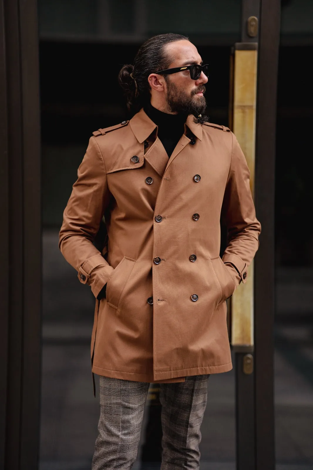 Eden Slim Fit Wide Collared Camel Trench Coat