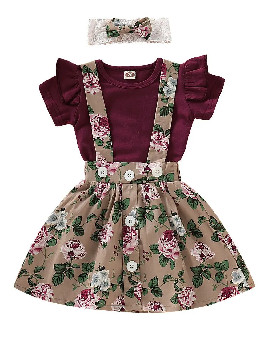 Fashion Baby 3-Piece Outfits Flutter Sleeve Bodysuit Flower Skirt Headband