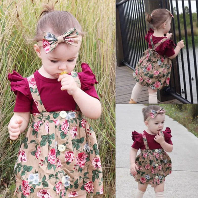 Fashion Baby 3-Piece Outfits Flutter Sleeve Bodysuit Flower Skirt Headband