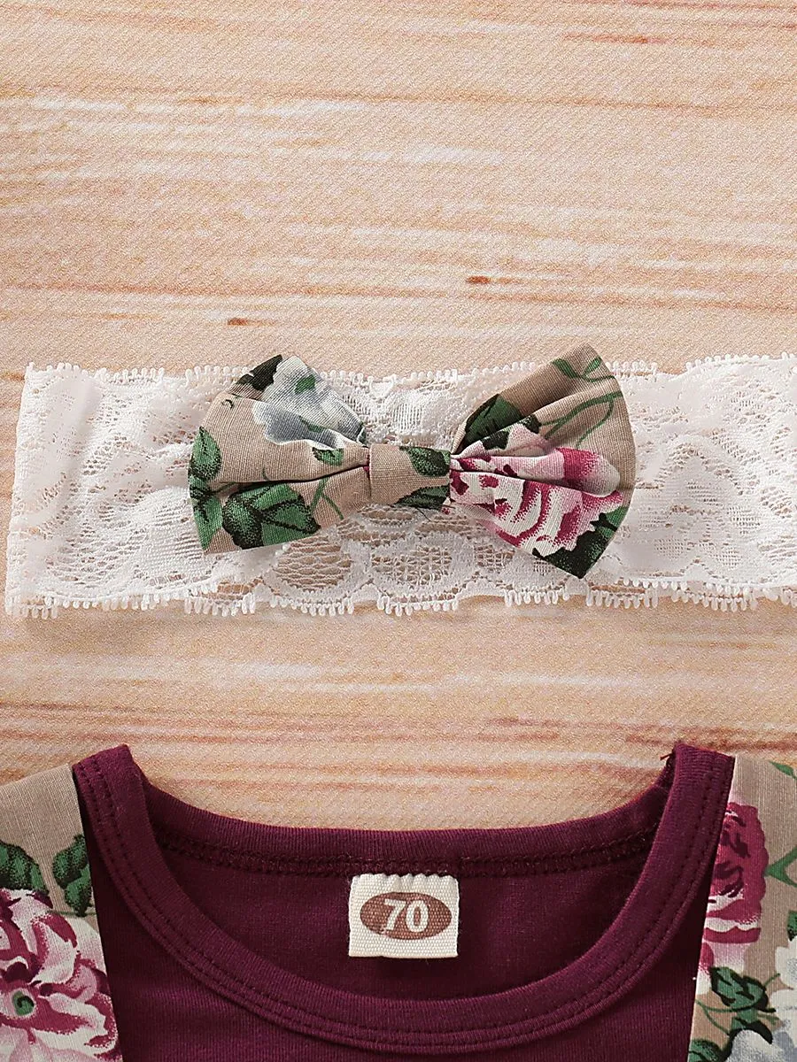 Fashion Baby 3-Piece Outfits Flutter Sleeve Bodysuit Flower Skirt Headband