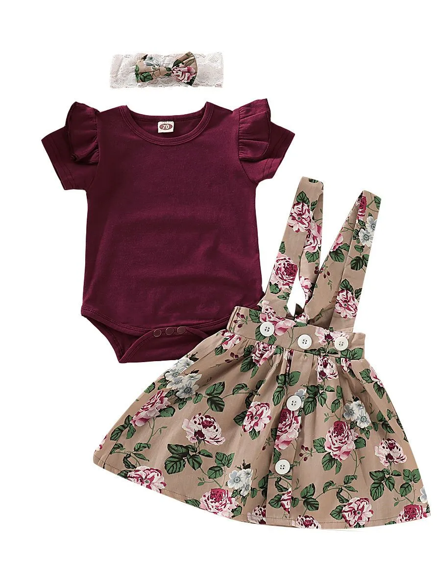 Fashion Baby 3-Piece Outfits Flutter Sleeve Bodysuit Flower Skirt Headband