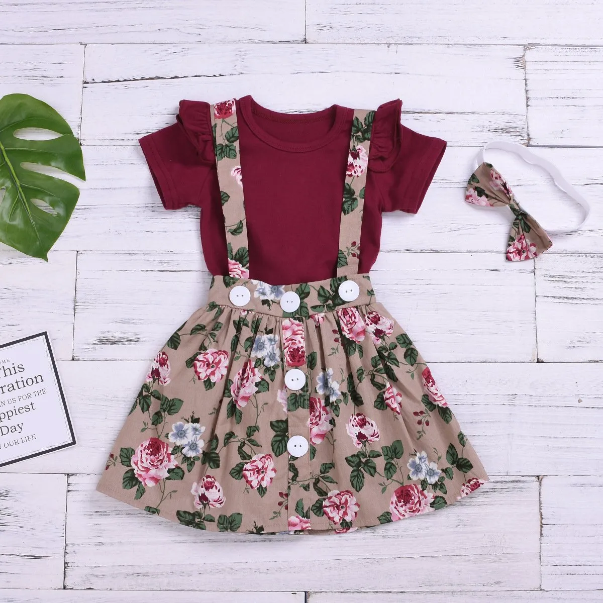 Fashion Baby 3-Piece Outfits Flutter Sleeve Bodysuit Flower Skirt Headband