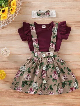Fashion Baby 3-Piece Outfits Flutter Sleeve Bodysuit Flower Skirt Headband