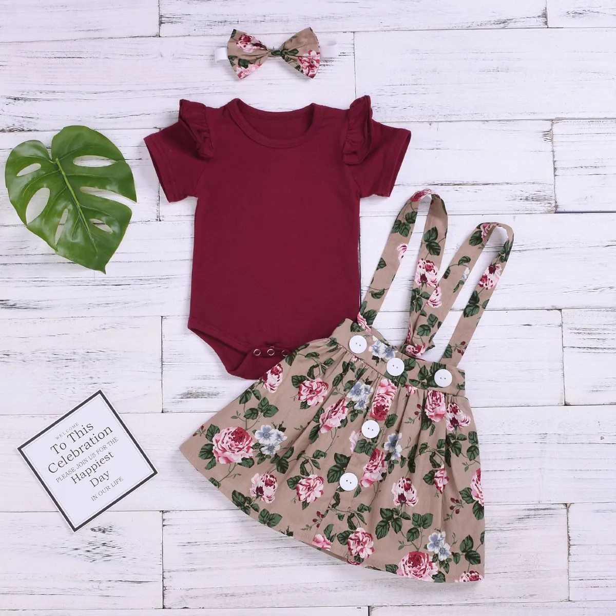 Fashion Baby 3-Piece Outfits Flutter Sleeve Bodysuit Flower Skirt Headband