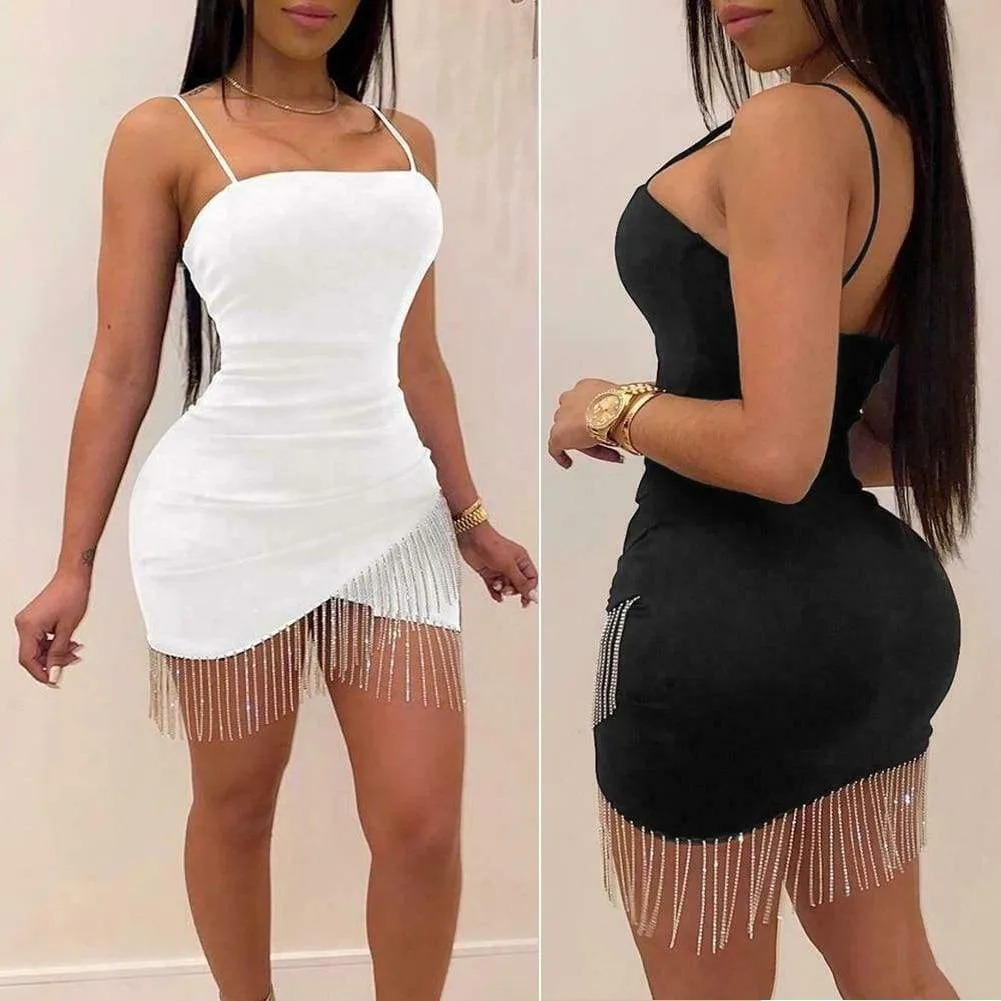 FashionSierra - Dresses Woman Party Night Birthday Tassel Split Sleeveless Bodycon Dress Summer Elegant Suspender Short Mini Pencil Dresses