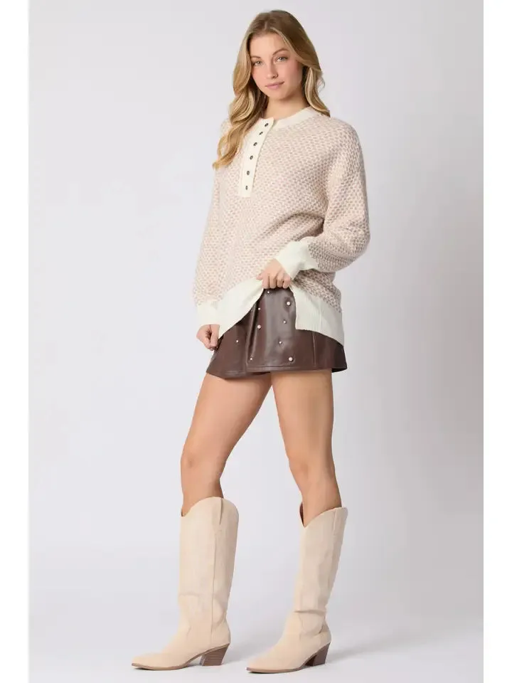 Faux Leather Pin Tuck Detail Shorts With Pearl