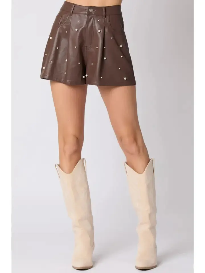 Faux Leather Pin Tuck Detail Shorts With Pearl