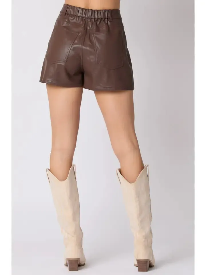 Faux Leather Pin Tuck Detail Shorts With Pearl