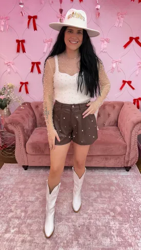 Faux Leather Pin Tuck Detail Shorts With Pearl