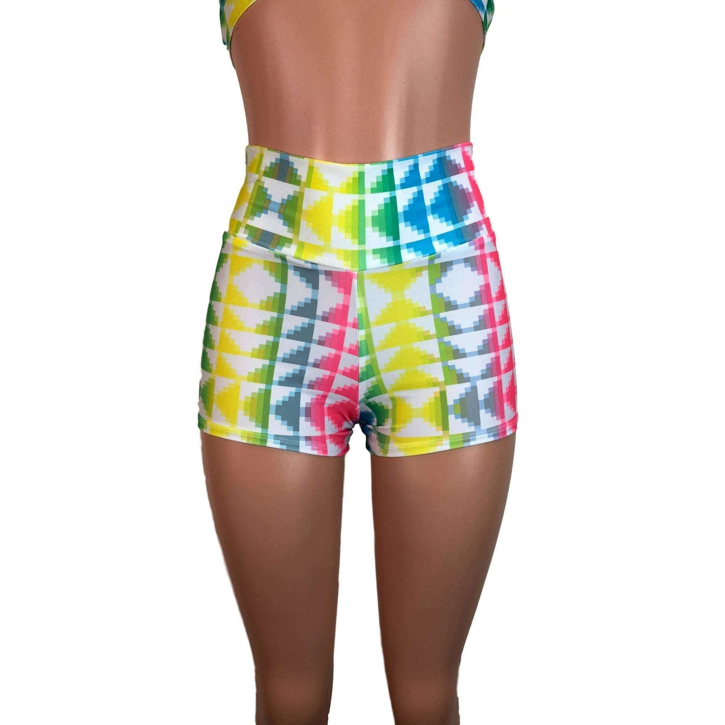 High Waisted Booty Shorts - Neon Tetris