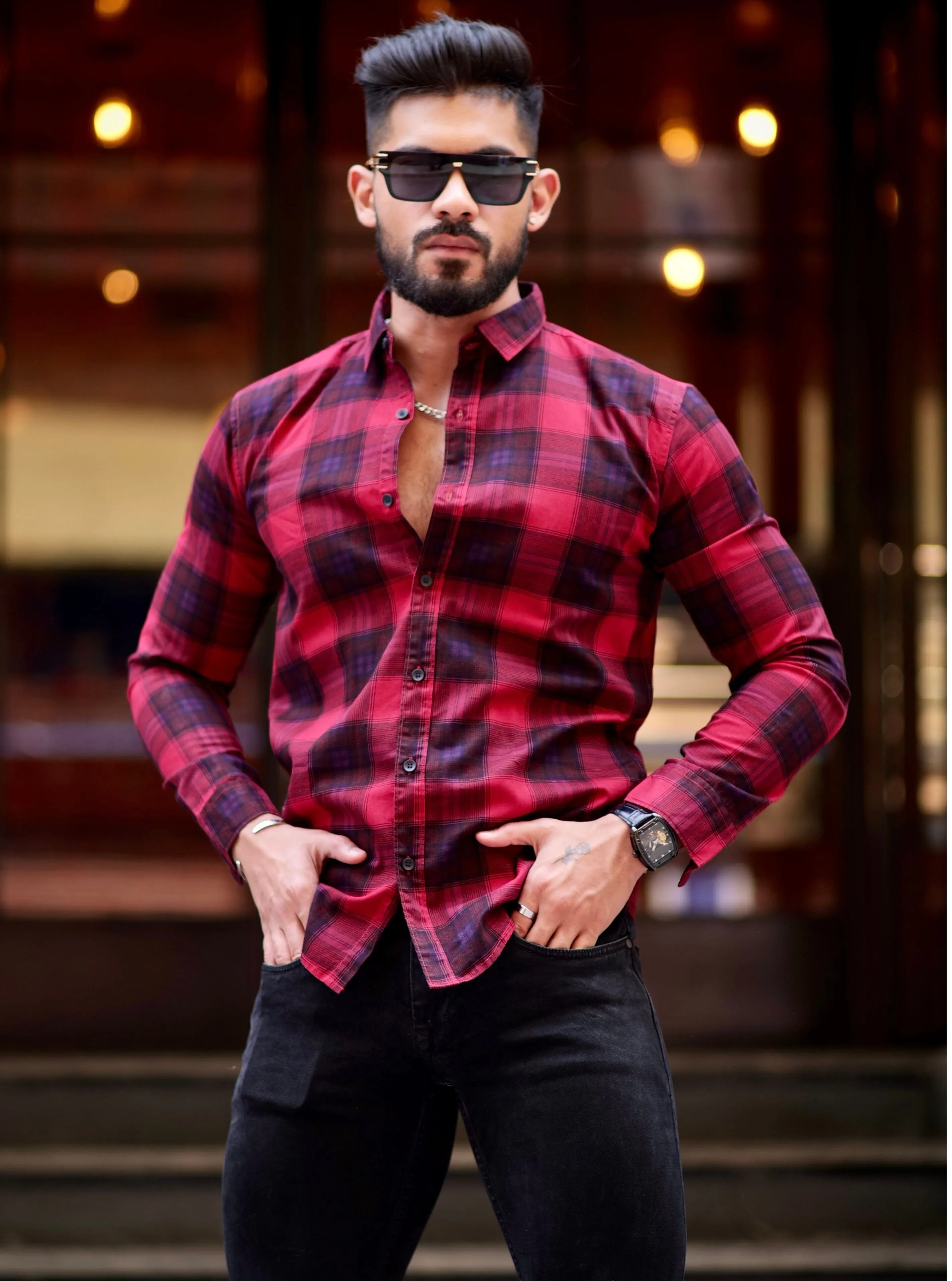Maroon Check Printed Cotton Shirt For Men