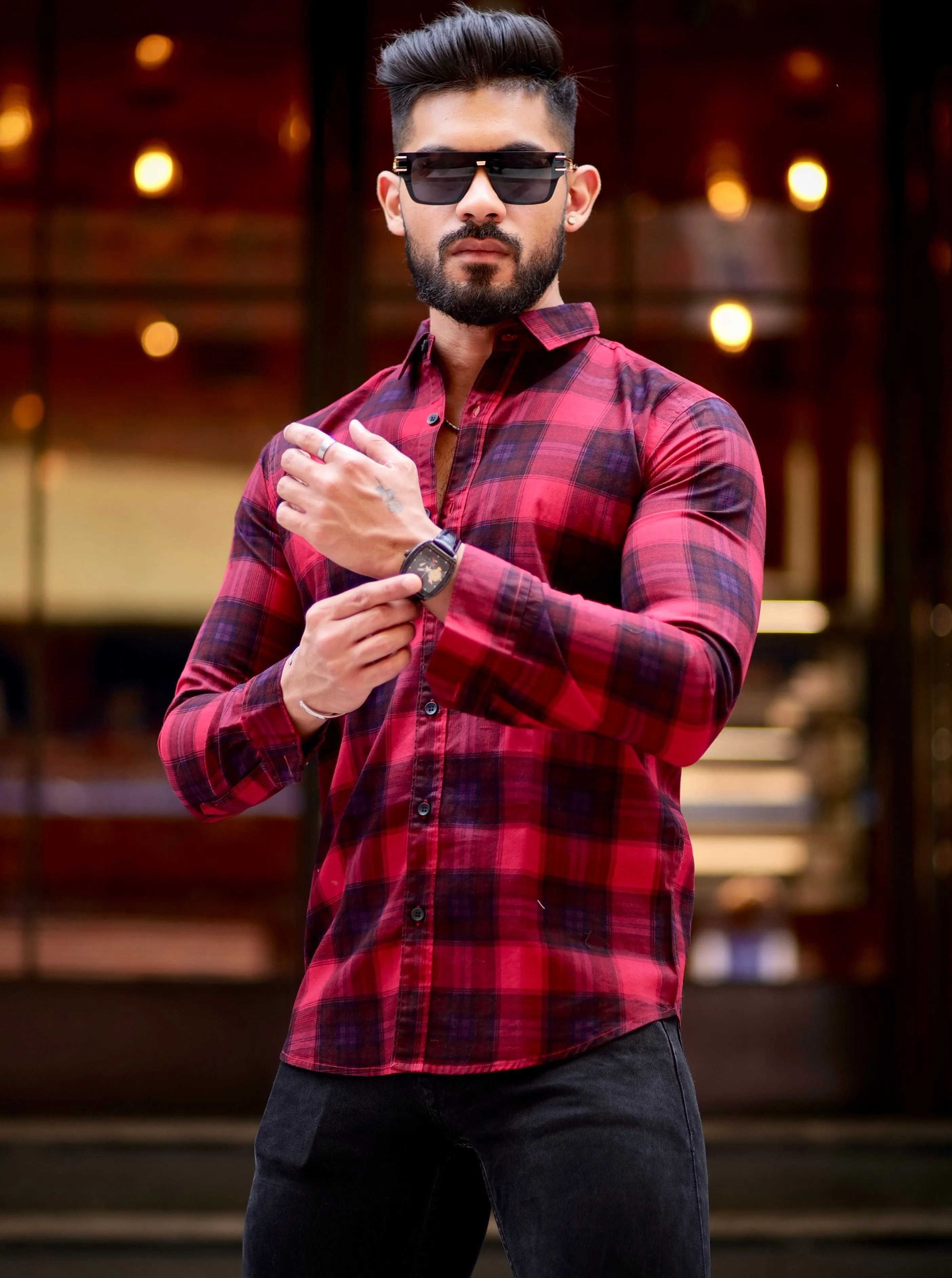 Maroon Check Printed Cotton Shirt For Men