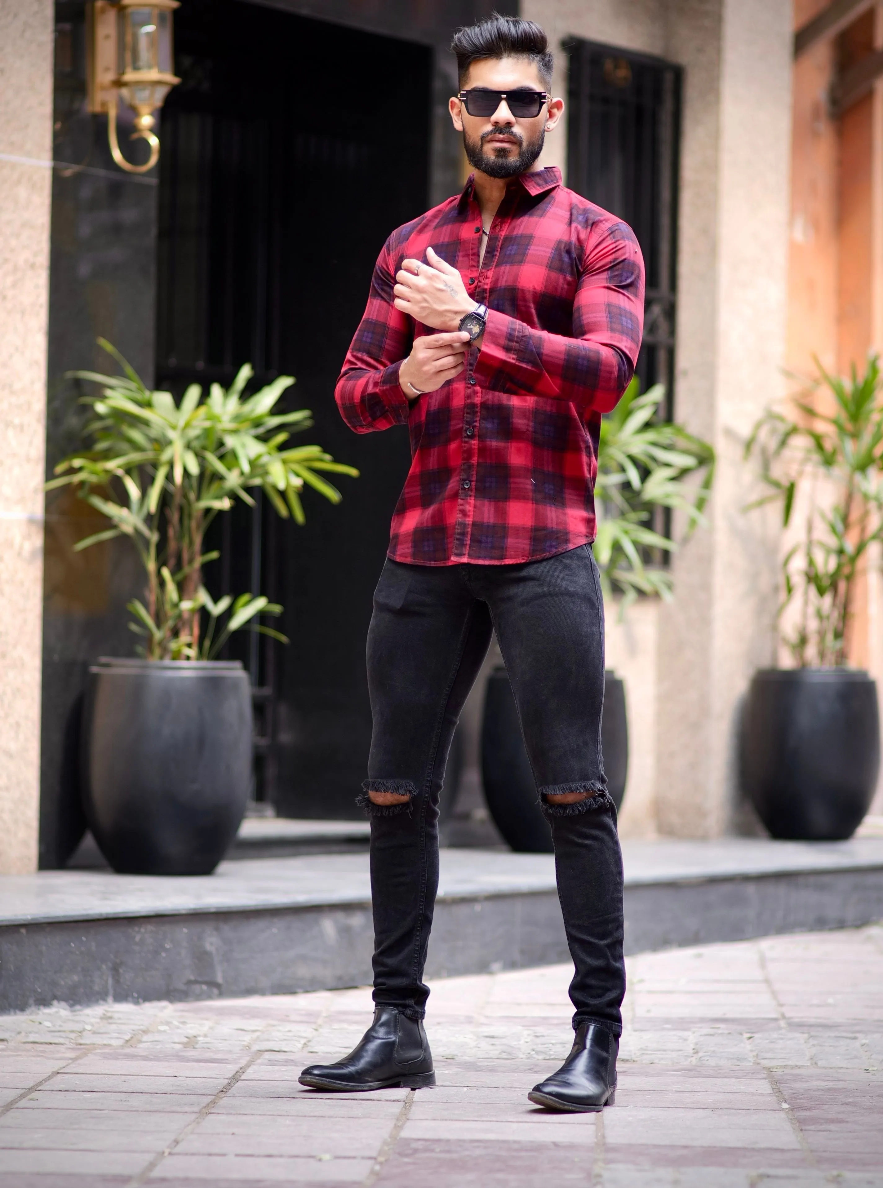 Maroon Check Printed Cotton Shirt For Men