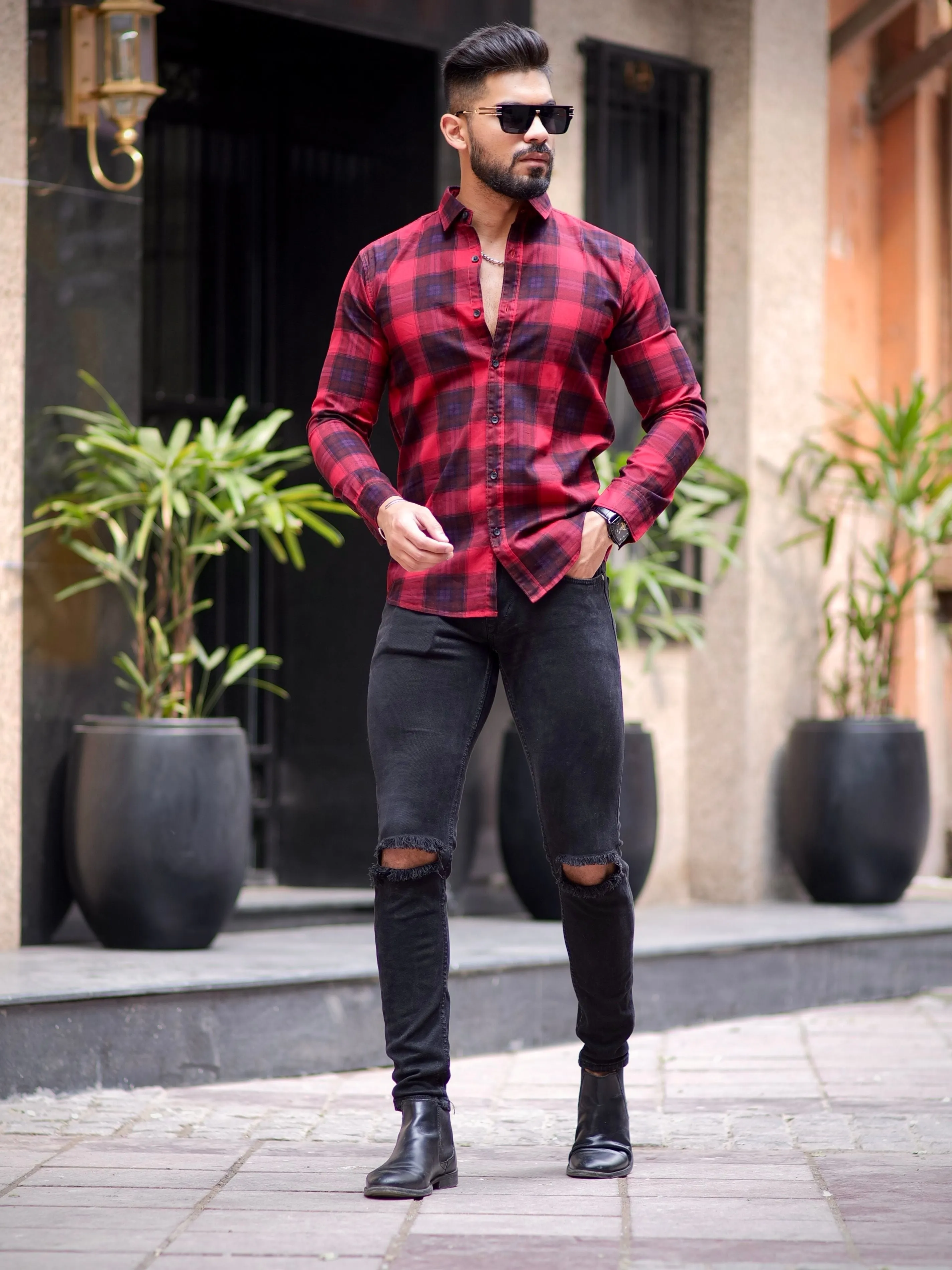 Maroon Check Printed Cotton Shirt For Men