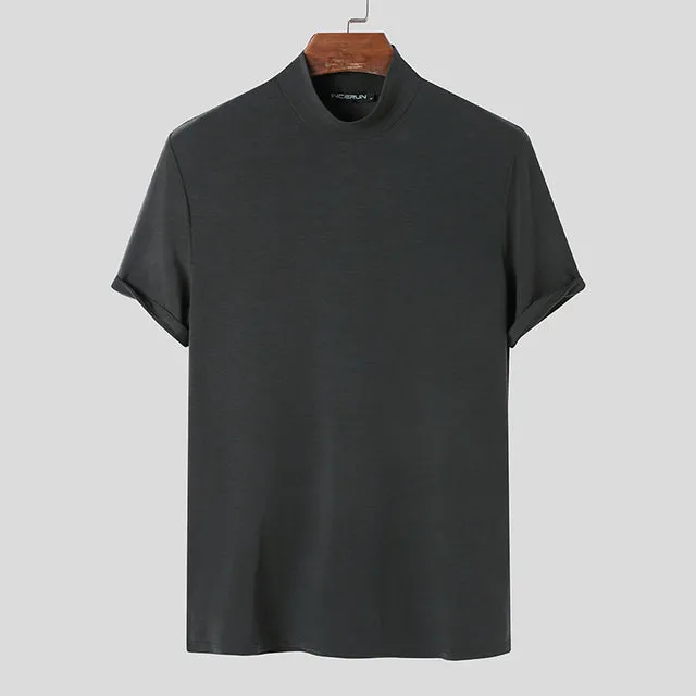 Men classy mock neck t-shirt turtleneck short sleeve slim fit shirt
