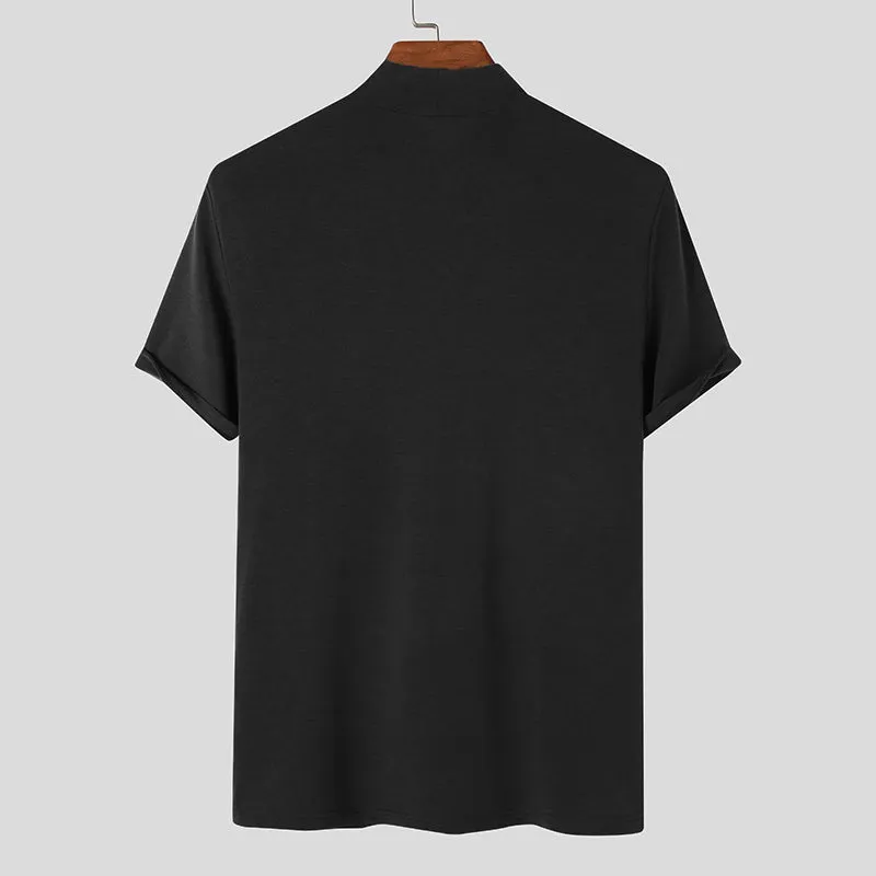 Men classy mock neck t-shirt turtleneck short sleeve slim fit shirt