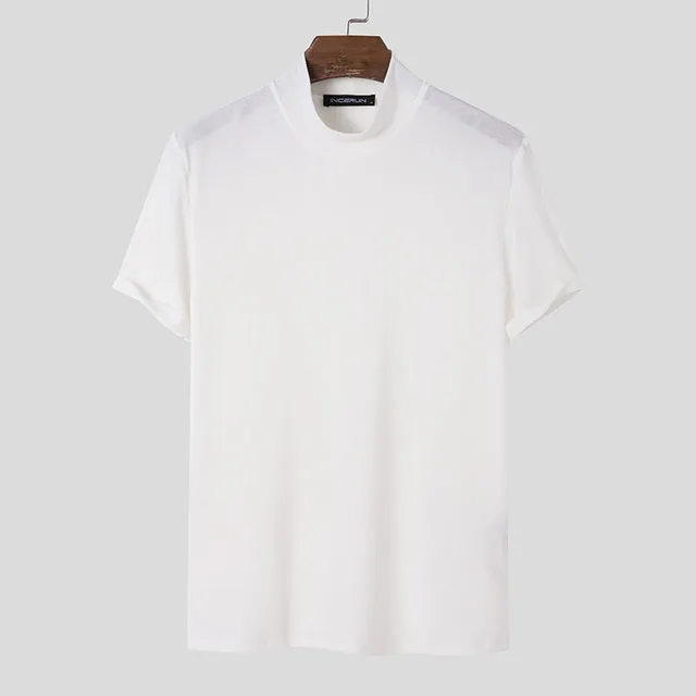 Men classy mock neck t-shirt turtleneck short sleeve slim fit shirt