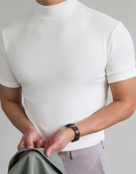 Men classy mock neck t-shirt turtleneck short sleeve slim fit shirt