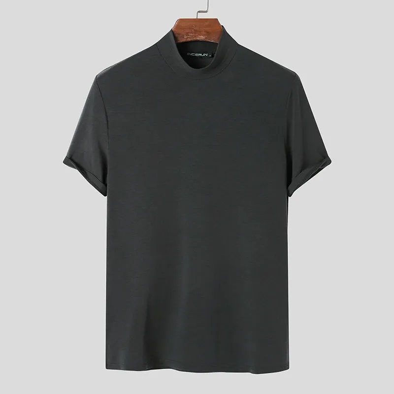 Men classy mock neck t-shirt turtleneck short sleeve slim fit shirt