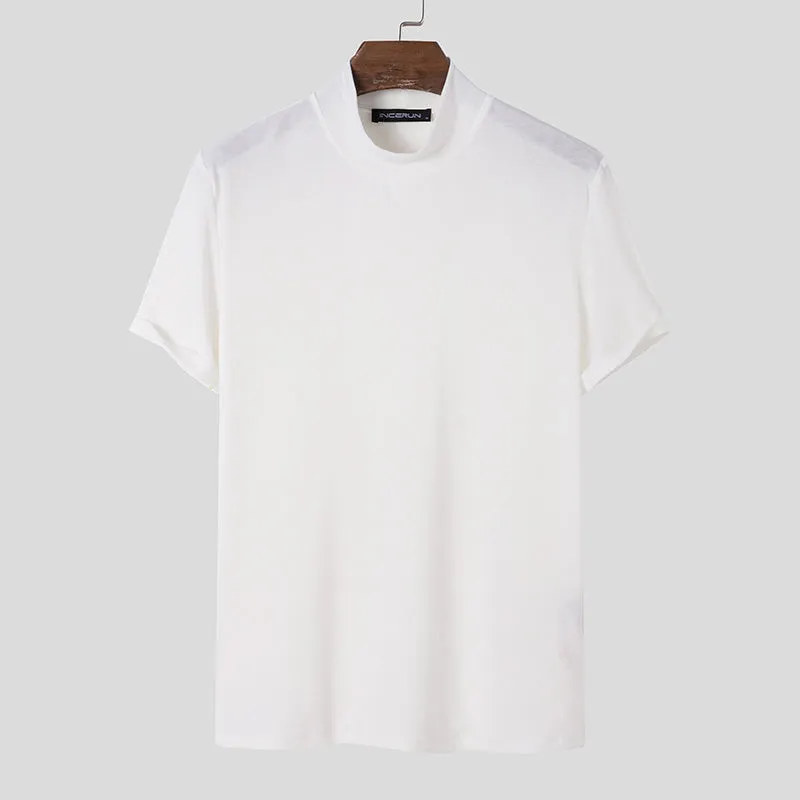 Men classy mock neck t-shirt turtleneck short sleeve slim fit shirt