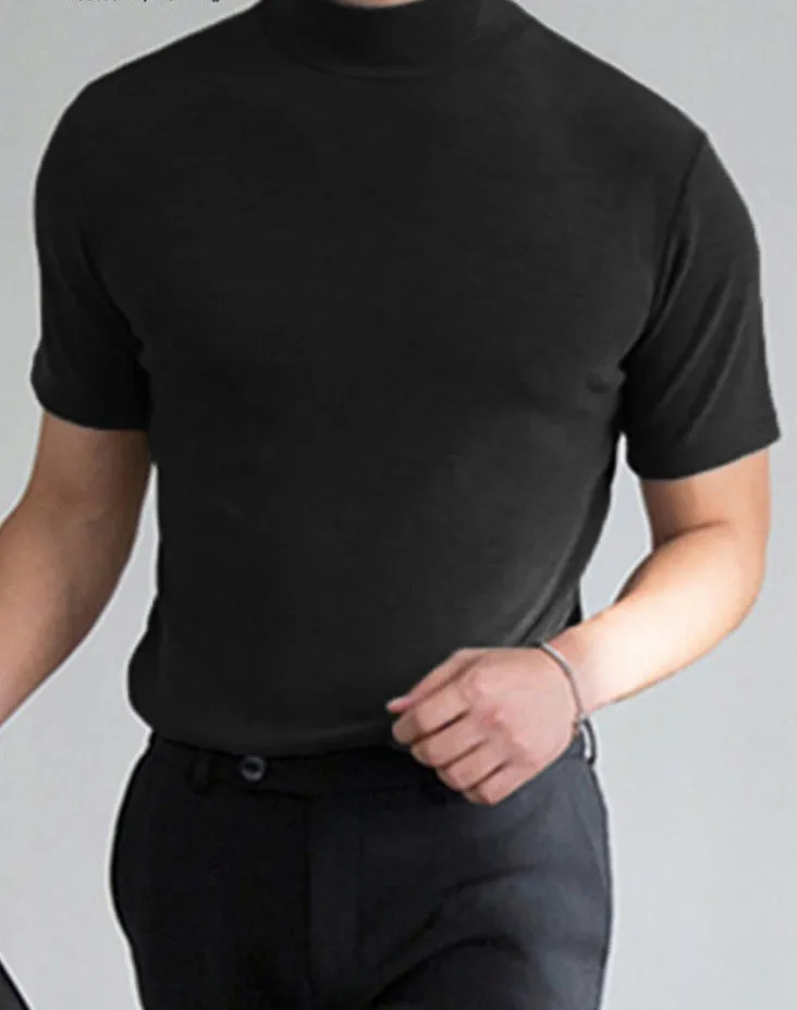 Men classy mock neck t-shirt turtleneck short sleeve slim fit shirt