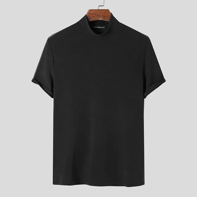 Men classy mock neck t-shirt turtleneck short sleeve slim fit shirt