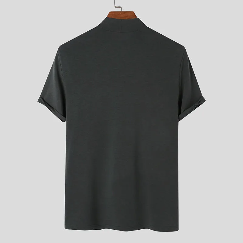 Men classy mock neck t-shirt turtleneck short sleeve slim fit shirt