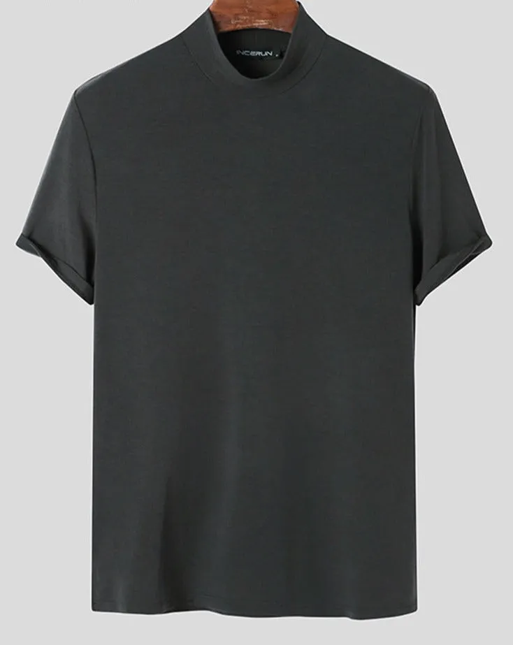 Men classy mock neck t-shirt turtleneck short sleeve slim fit shirt