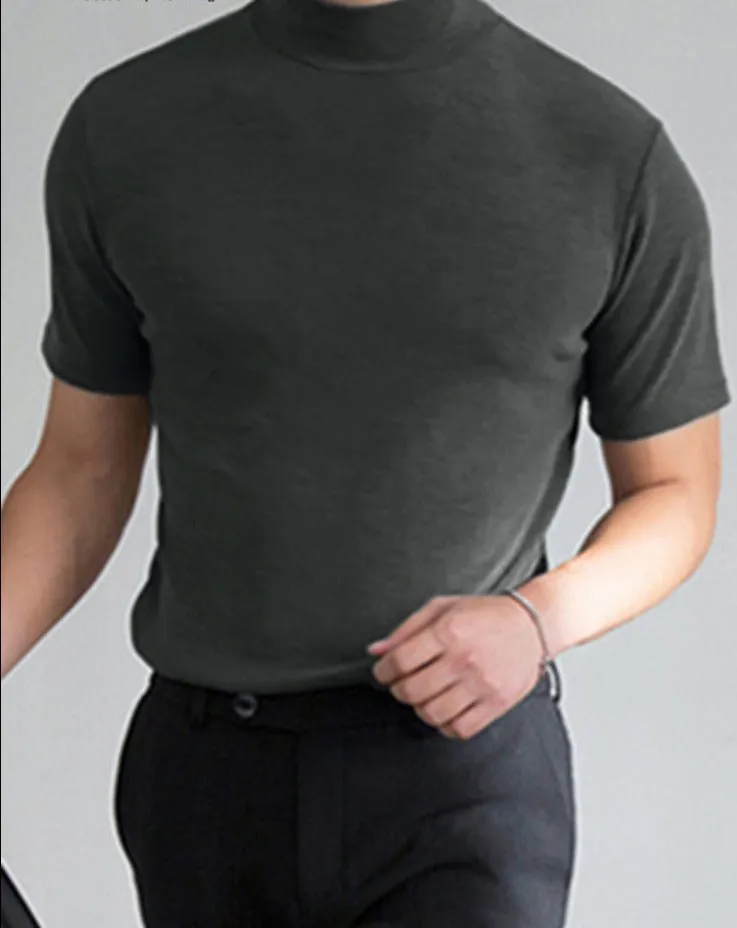 Men classy mock neck t-shirt turtleneck short sleeve slim fit shirt